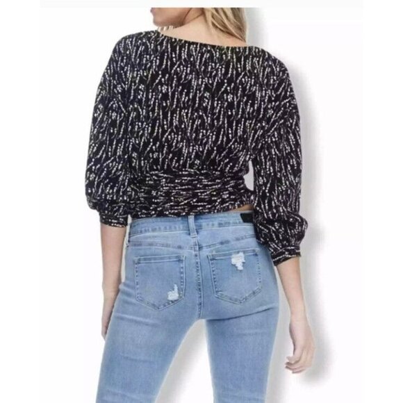 Anama Women's Black V Neck Balloon‎ Sleeve Floral Ditsy Print Wrap Top SZ M - Picture 12 of 12